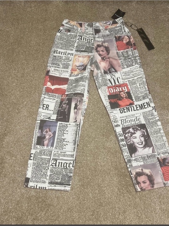 Forever 21 Denim - Forever 21 Black-and-Red Newspaper Photo Print Pants